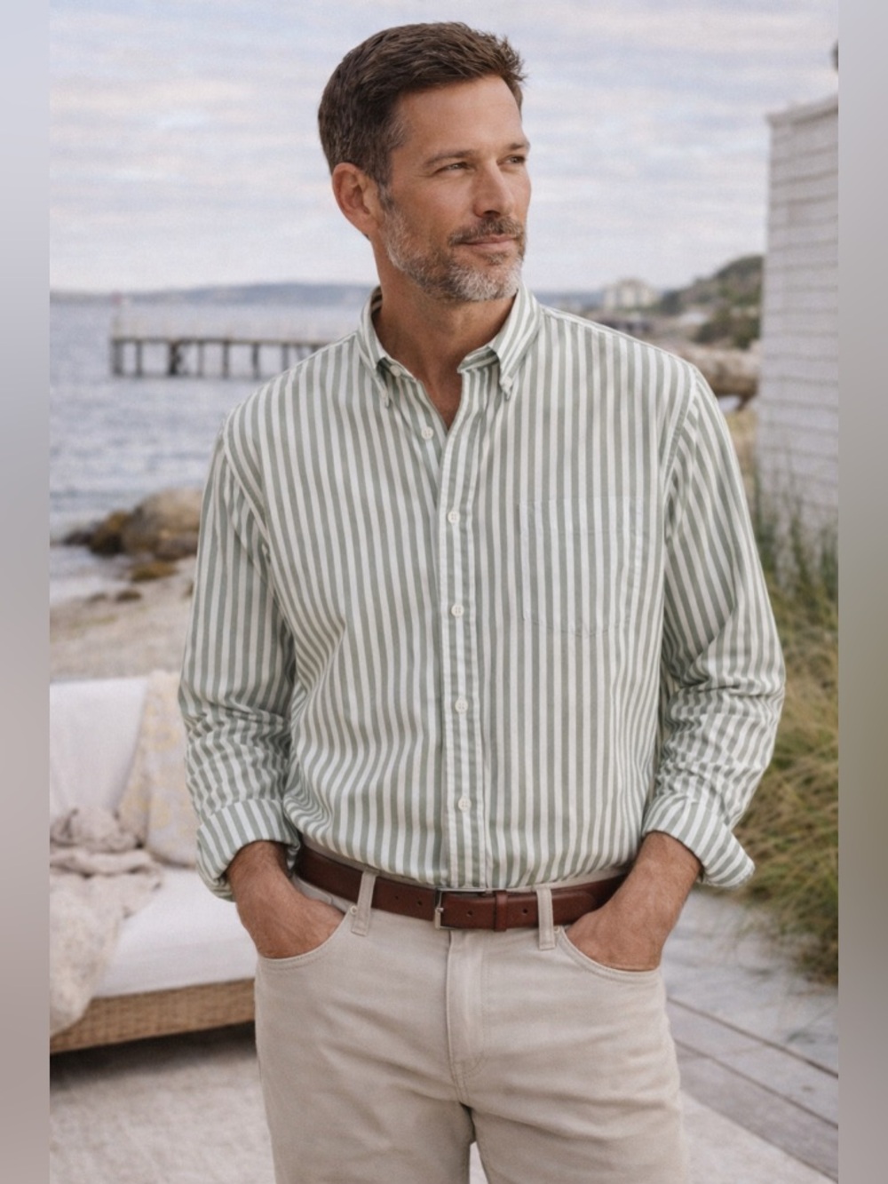 L.L. Bean Green White Striped Button Down Shirt Cotton Classic Fit Size Large